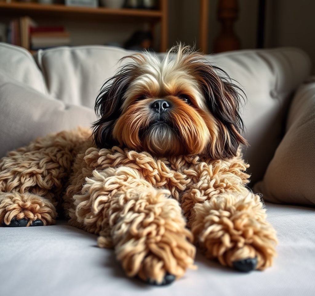 Ein Mops liegt entspannt auf einem Sofa und schläft.