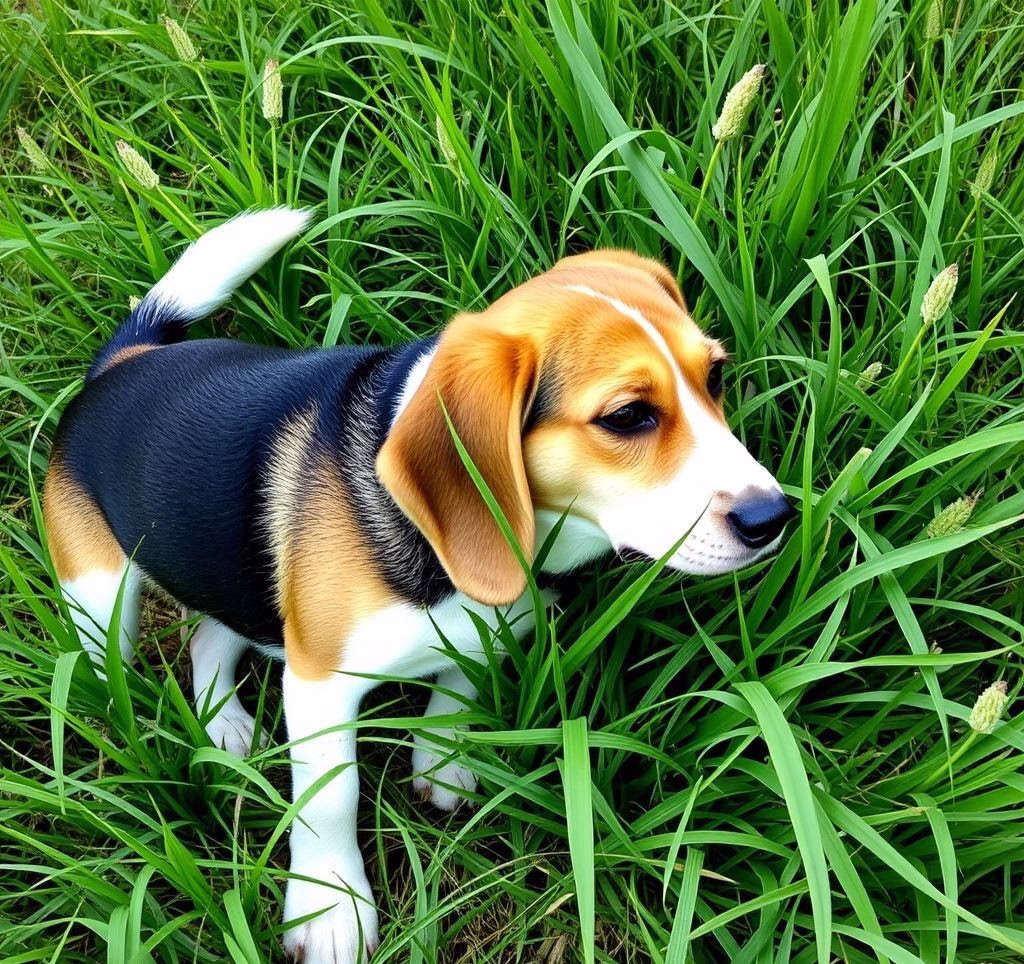 Ein neugieriger Beagle schnüffelt im Gras.