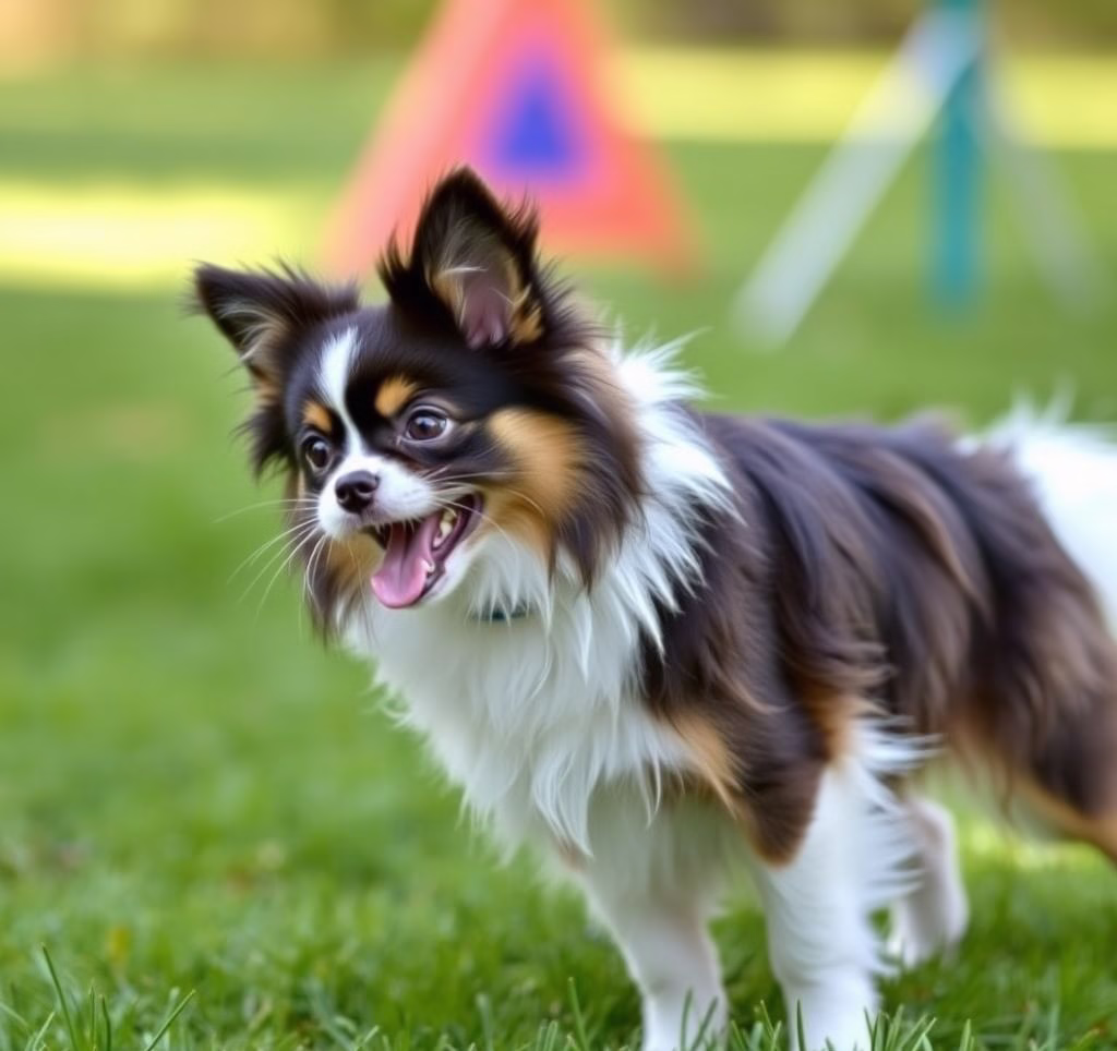 Ein Papillon beim spielerischen Agility-Training im Freien.