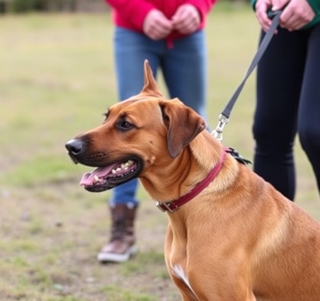 Ein Rhodesian Ridgeback beim spielerischen Training im Freien, die Bindung zwischen Hund und Mensch ist spürbar.