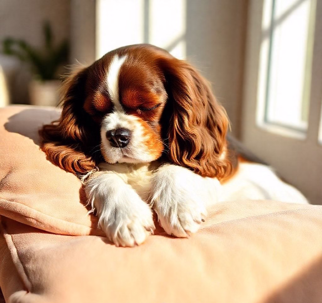Ein ruhiger Cavalier King Charles Spaniel, der friedlich auf einem Kissen schläft.