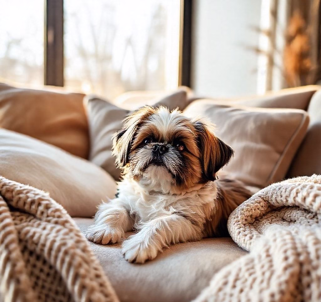 Ein Shih Tzu liegt entspannt auf einem Sofa und genießt die Aufmerksamkeit.