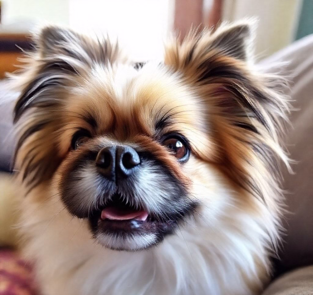 Ein Shih Tzu Welpe mit flauschigem Fell blickt neugierig in die Kamera.