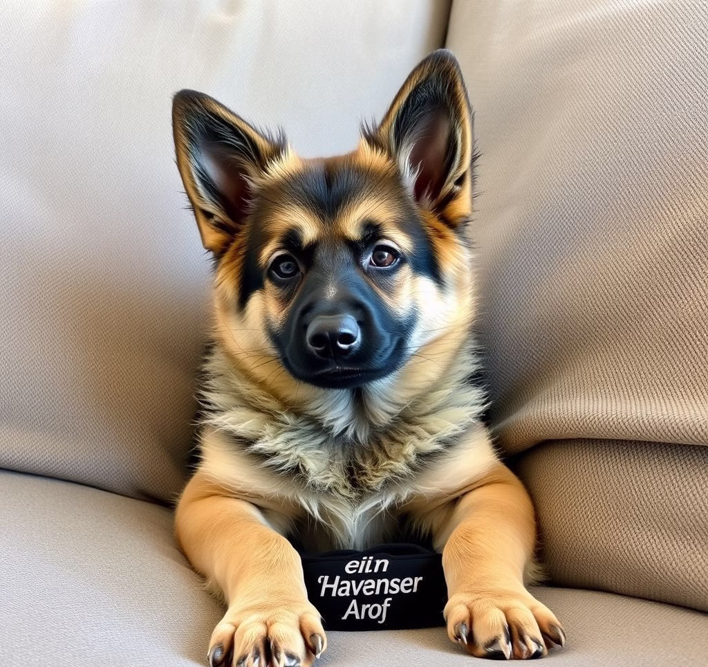 Ein süßer Havaneser mit lockigem Fell sitzt auf einem Sofa und schaut neugierig.