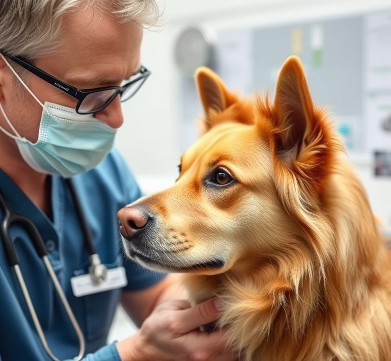 Ein Tierarzt untersucht einen Hund aufmerksam, während der Besitzer danebensteht.