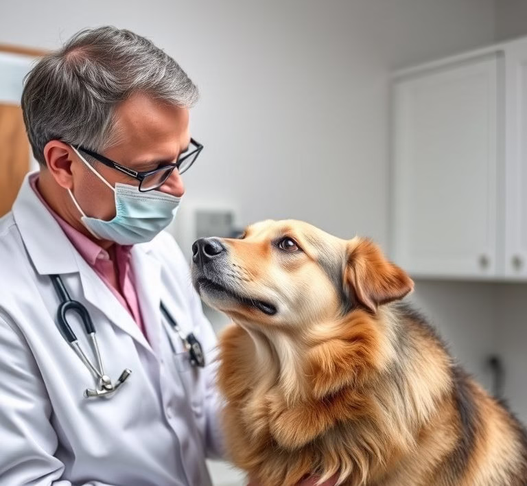 Ein Tierarzt untersucht einen Hund, während der Besitzer besorgt zuschaut.