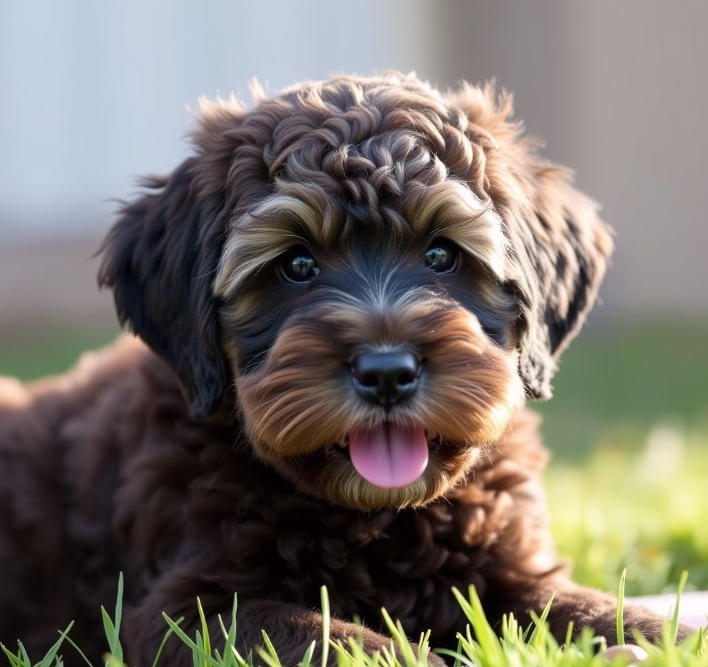 Ein verspielter Labradoodle-Welpe mit lockigem, cremefarbenem Fell