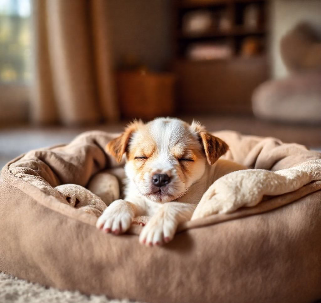 Ein Welpe einer anfängerfreundlichen Rasse schläft friedlich in einem Hundebett