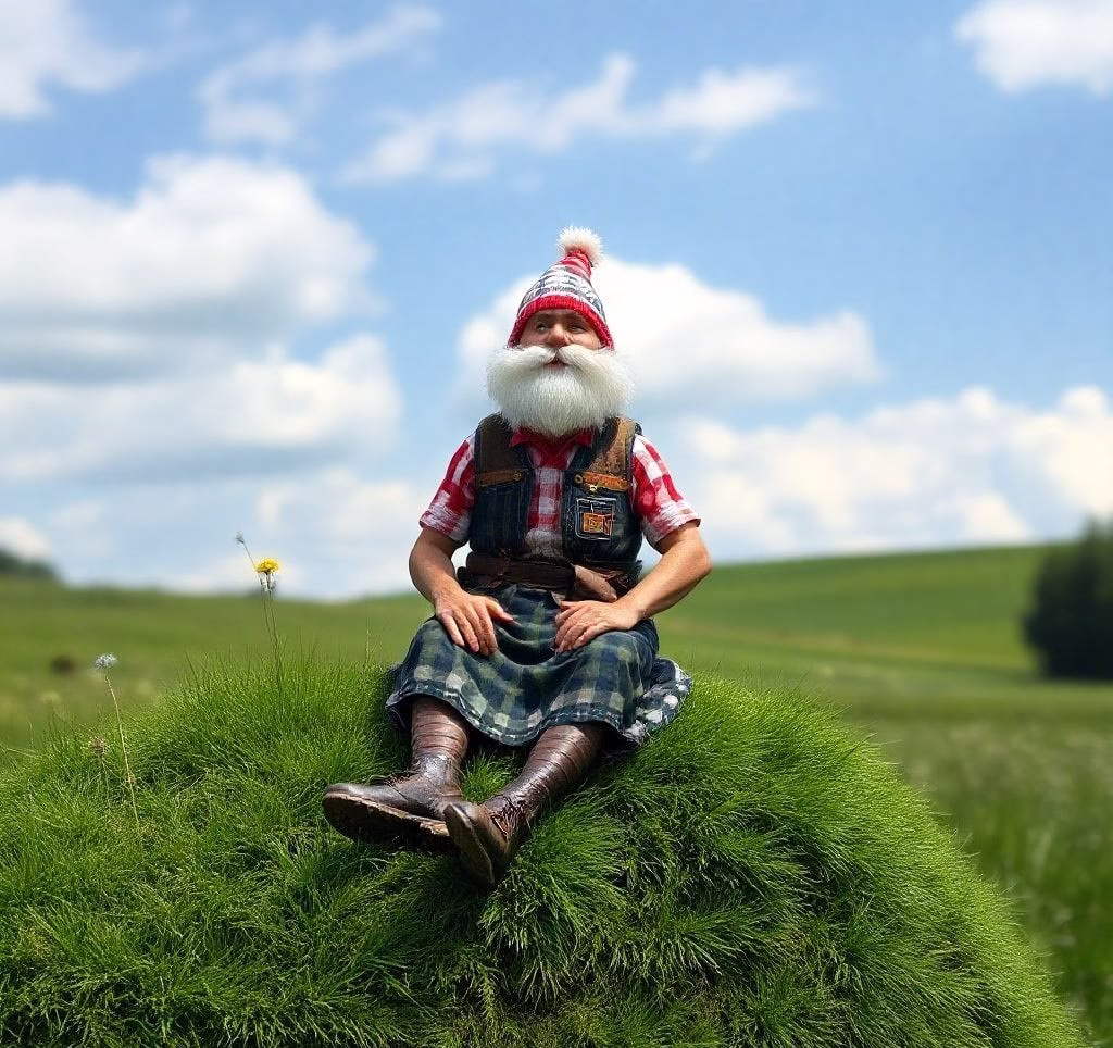 Ein Zwergpudel sitzt auf einer grünen Wiese und schaut aufmerksam.