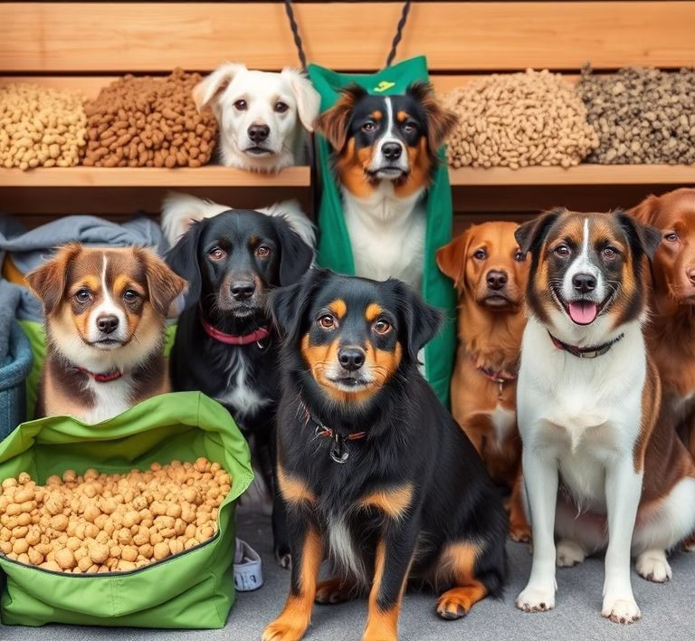 Eine Auswahl verschiedener Hundefuttersorten und ein Hund von der Seite betrachtet.