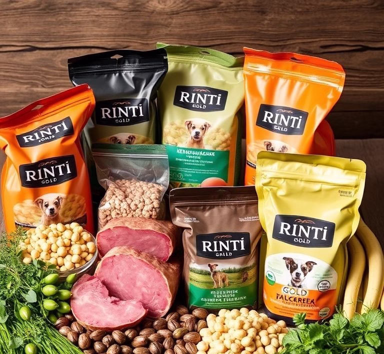 Eine Auswahl verschiedener Rinti Hundefutterdosen, darunter Kennerfleisch, Sensible und Rinti Gold, arrangiert auf einem sauberen Hintergrund.