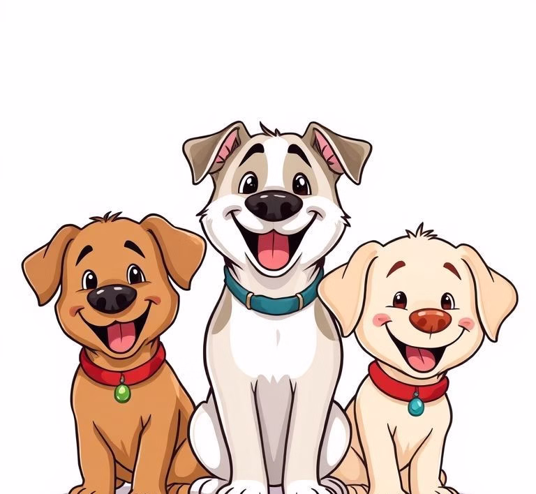 Eine Cartoon-Darstellung verschiedener Hunderassen (z.B. Pudel, Dackel, Labrador), die freundlich lächeln.