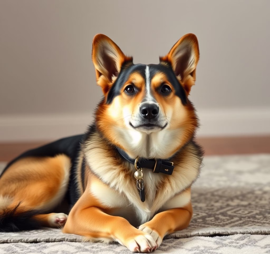 Eine Deutsche Dogge liegt entspannt auf einem Teppich, ein Kind streichelt sie sanft
