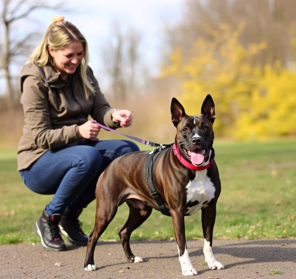 Eine erwachsene Frau trainiert einen American Pit Bull Terrier mit positiver Verstärkung auf einem Hundeplatz.