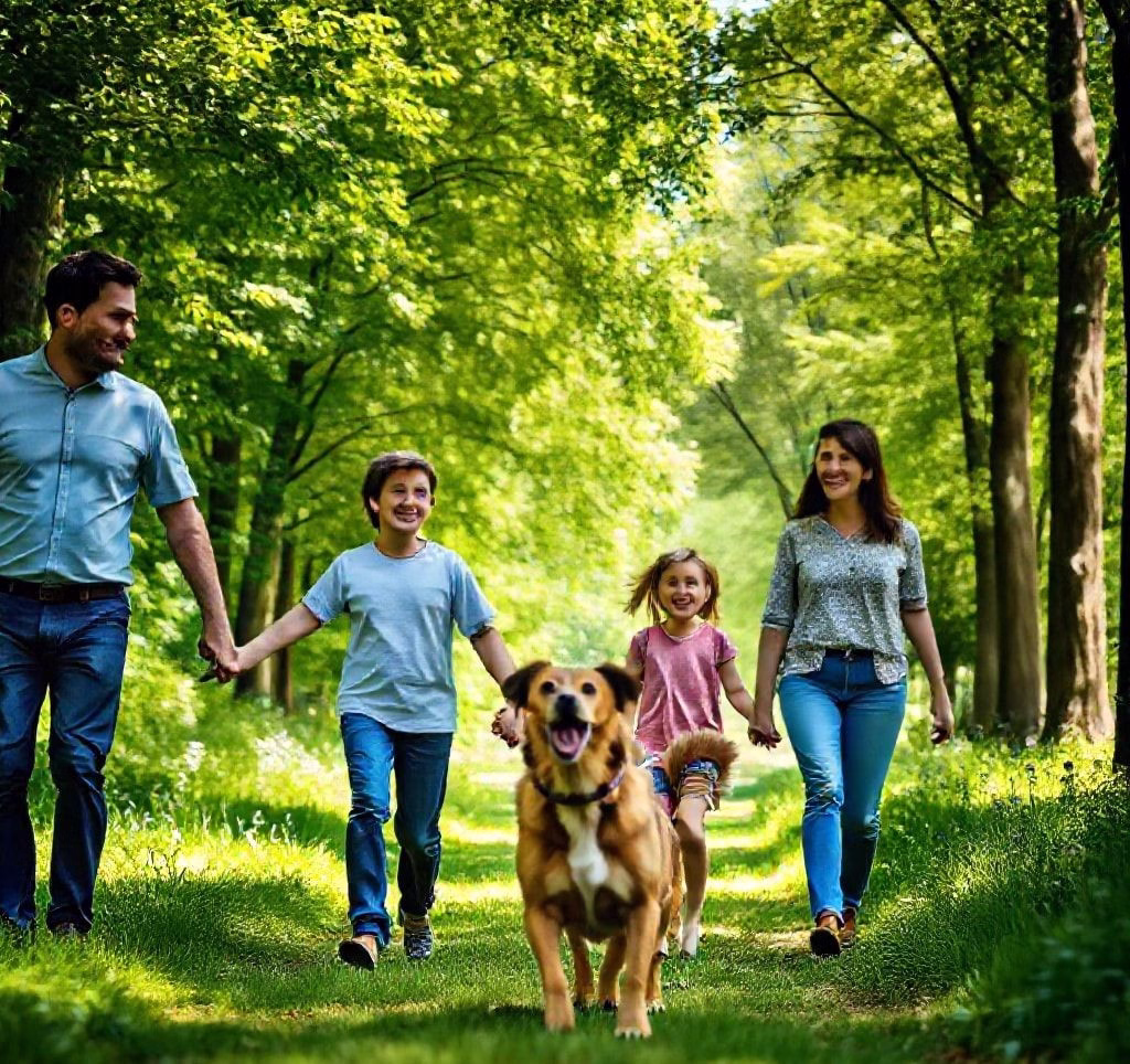Eine Familie läuft mit einem mittelgroßen Familienhund in einem Park, Händchen haltend.