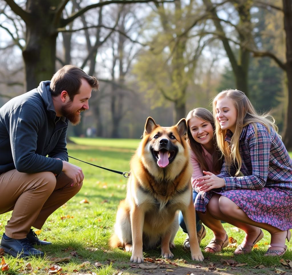 Eine Familie spielt ausgelassen mit ihrem mittelgroßen Hund im Park.