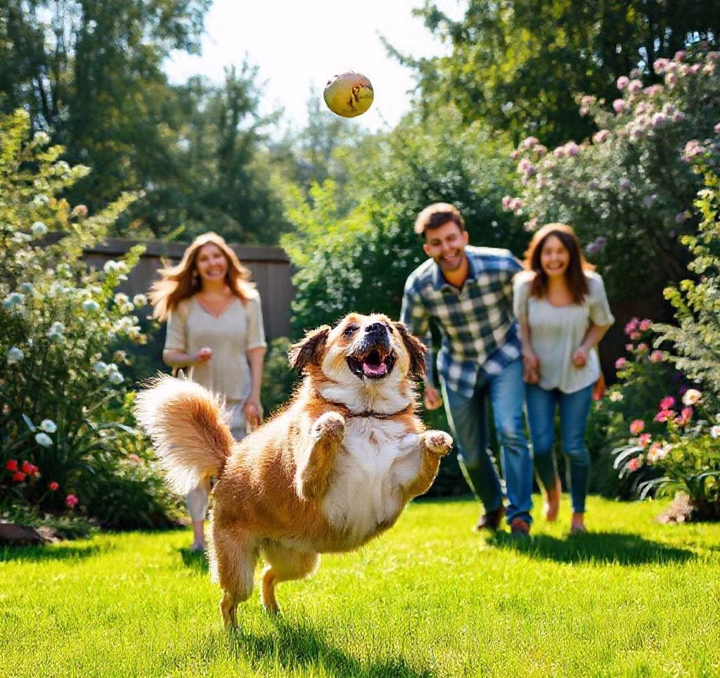 Eine Familie spielt glücklich mit einem mittelgroßen, freundlichen Hund im Garten