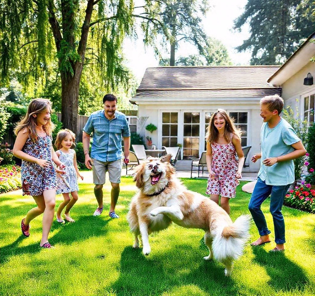 Eine Familie spielt im Garten mit ihrem mittelgroßen Familienhund