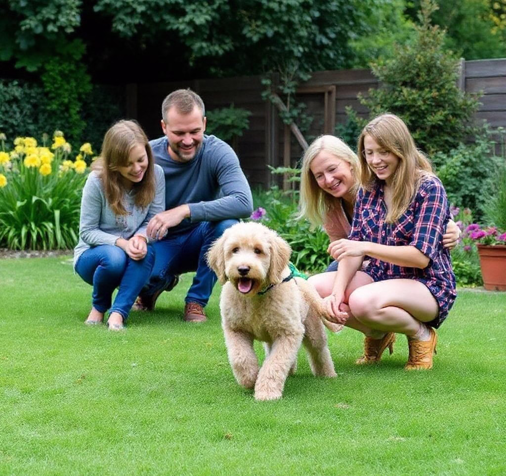 Eine Familie spielt mit einem Goldendoodle im Garten