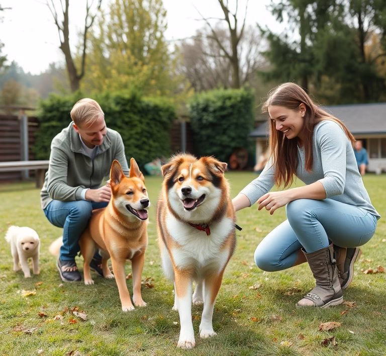 Eine Familie spielt mit einem mittelgroßen Hund in einem großen Garten, der viel Platz zum Rennen bietet.