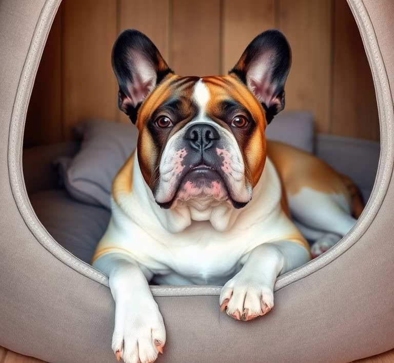 Eine Französische Bulldogge schläft gemütlich in einem Hundebett.