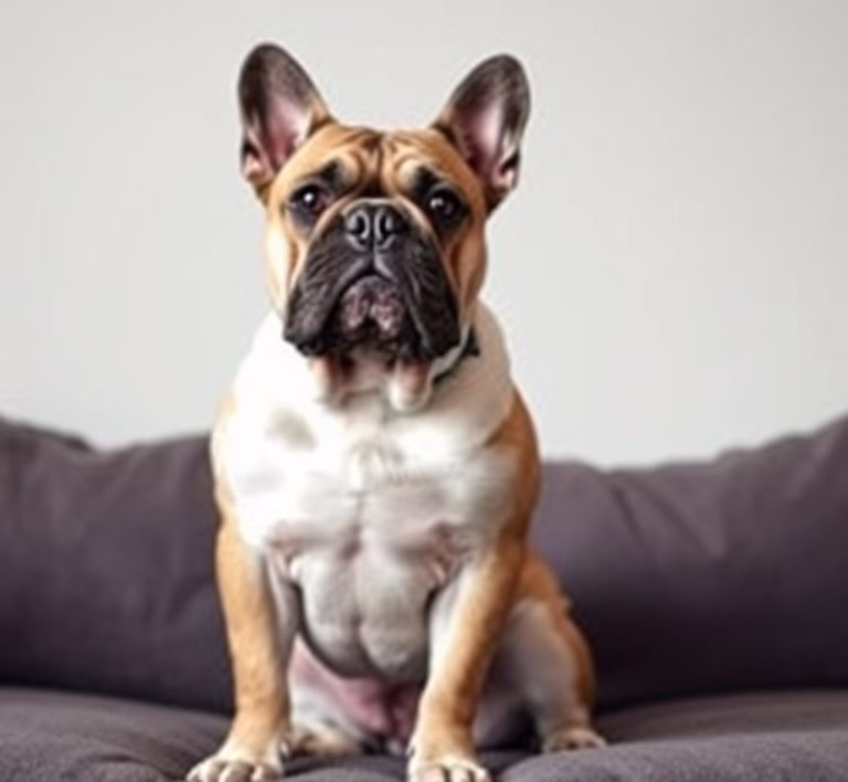 Eine Französische Bulldogge sitzt auf einer Couch