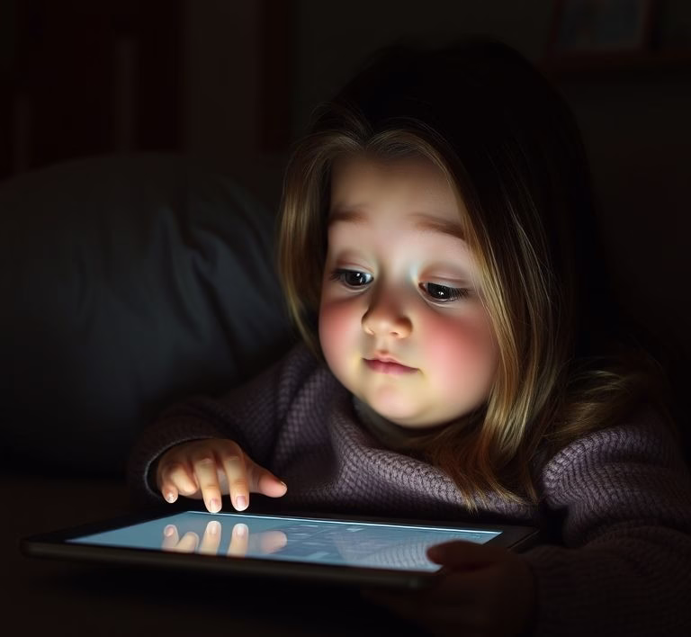 Eine fröhliche Person, die über einem Tablet lacht, auf dem ein animierter Quiz angezeigt wird.