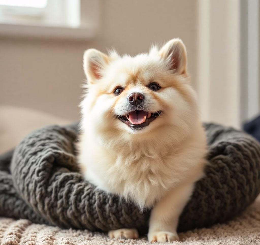 Eine glückliche Person, die einen kleinen, lockigen Bichon Frisé streichelt, während sie auf einem allergikerfreundlichen Boden sitzt
