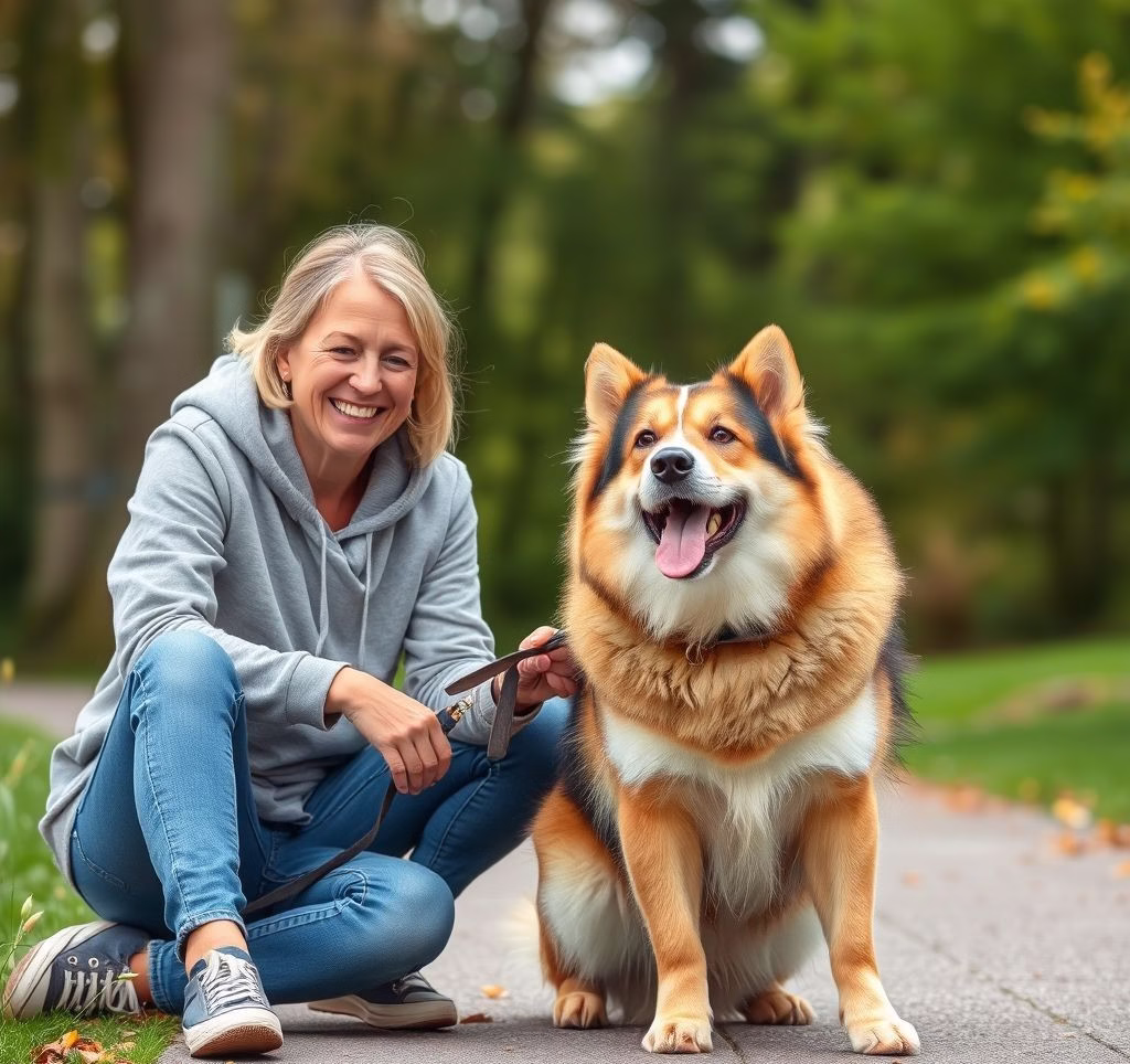 Eine glückliche Person, die mit einem Hund spielt, der offensichtlich zu ihrem Lebensstil passt, möglicherweise in einem Park oder auf einem Wanderweg.