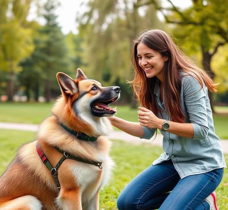 Eine glückliche Person spielt mit einem mittelgroßen Hund in einem Park, symbolisiert ein harmonisches Zusammenleben und aktive Freizeit.
