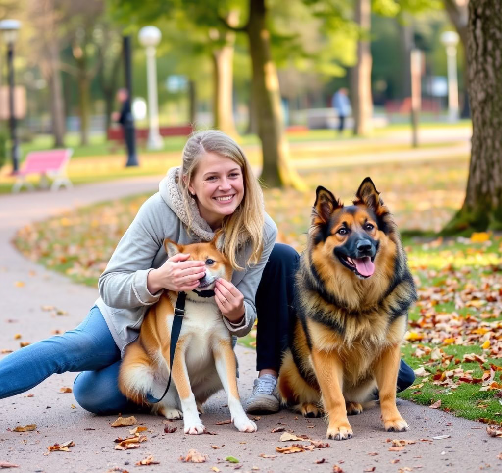 Eine glückliche Person spielt mit einem passenden Hund in einem Park