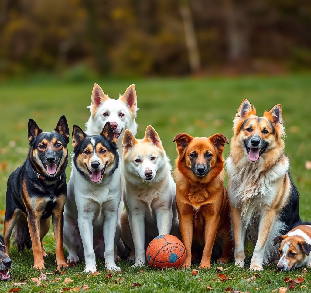 Eine Gruppe fröhlicher kleiner Hunde verschiedener Rassen, die zusammen spielen