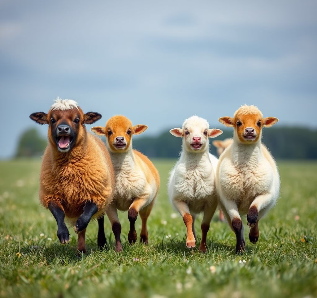 Eine Gruppe kleiner, kurzhaariger Hunderassen läuft fröhlich auf einer Wiese.