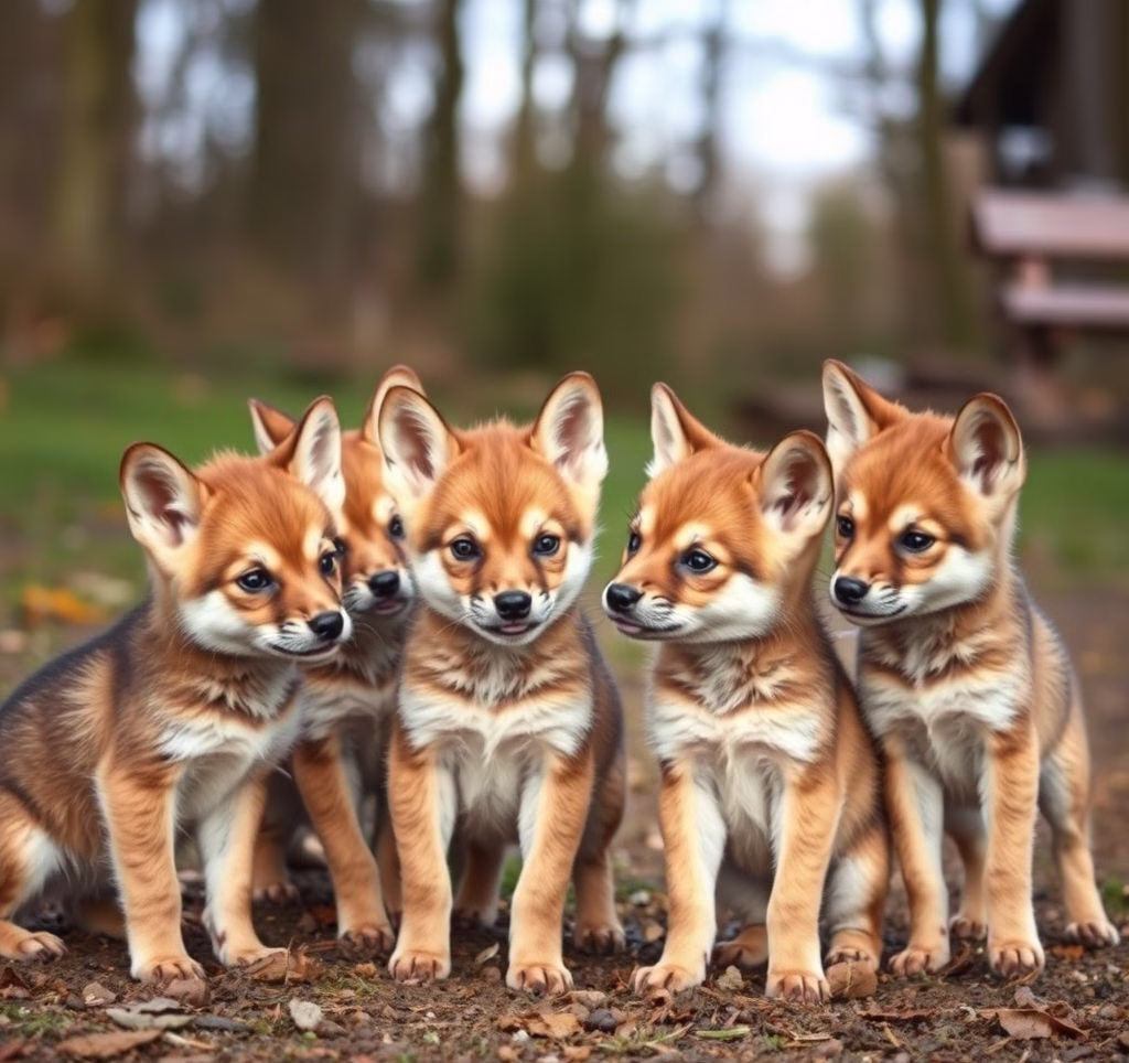 Eine Gruppe kleiner, kurzhaariger Welpen spielt zusammen