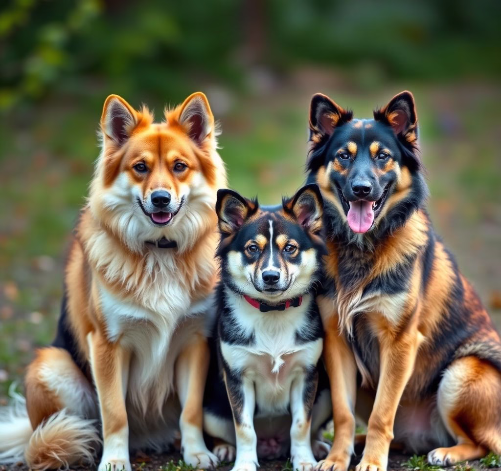 Eine Gruppe verschiedener kurzhaariger Hunde sitzt friedlich nebeneinander