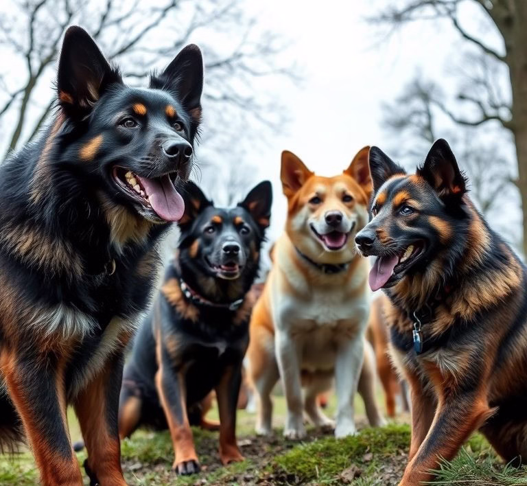 Eine Gruppe verschiedener Rassehunde, die die Vielfalt der in Deutschland anerkannten Rassen visuell darstellt.