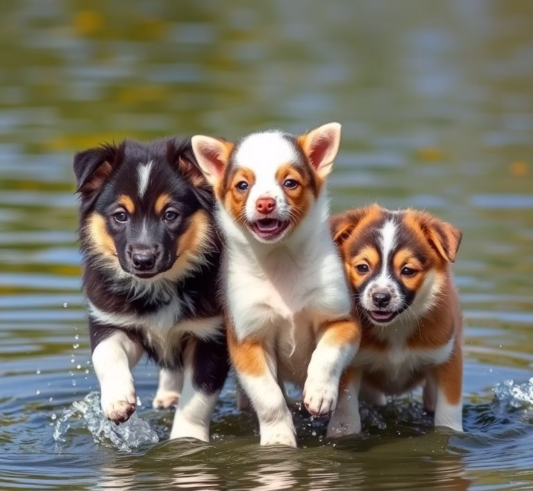 Eine Gruppe von drei Welpen verschiedener Rassen, darunter ein Havaneser und ein Bichon Frize, spielt auf einer Decke.