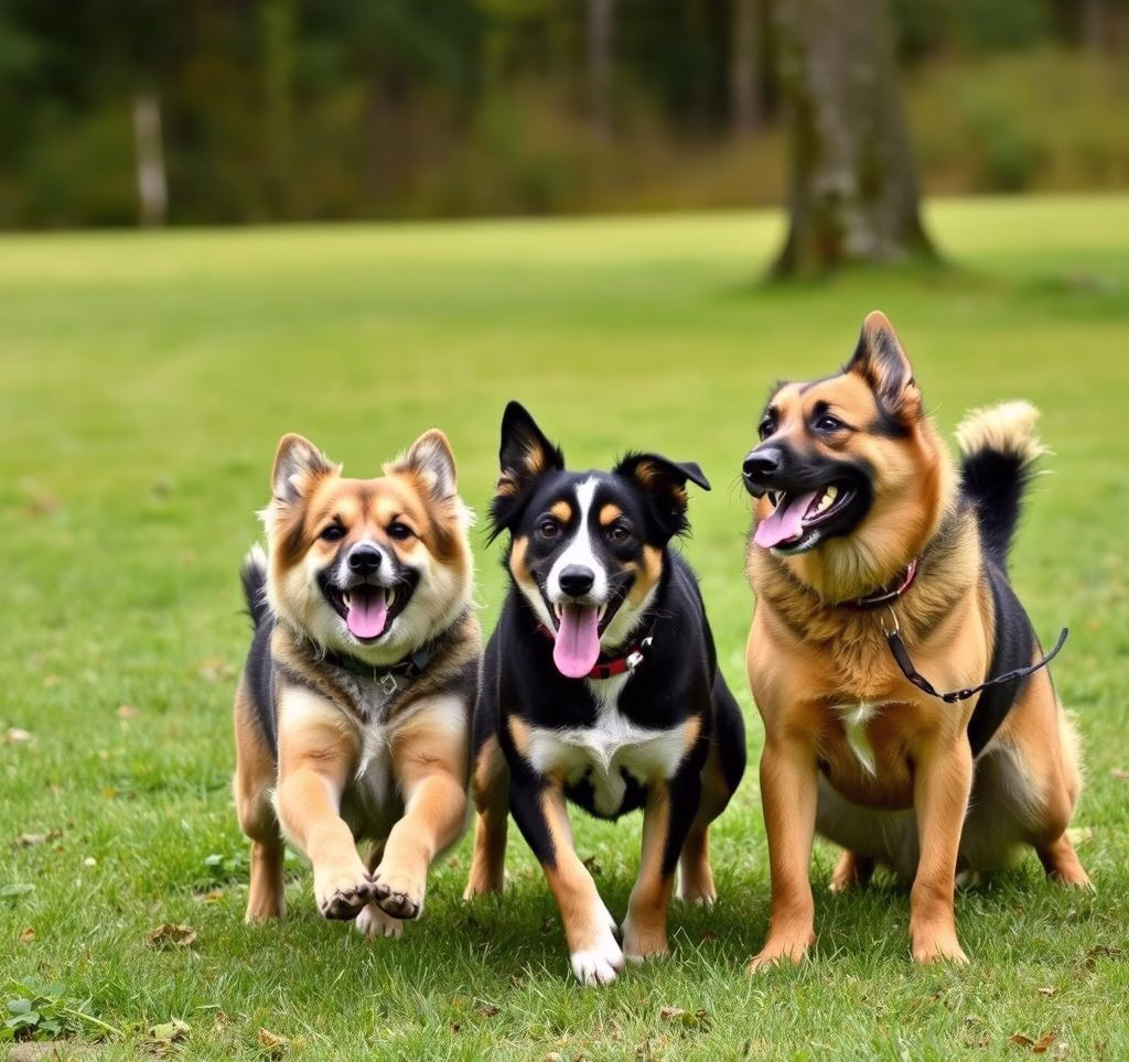 Eine Gruppe von kleinen Hunden, darunter ein Malteser und ein Havaneser, spielen fröhlich auf einer Wiese.