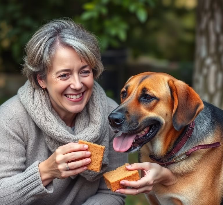 Eine lächelnde Frau, die ihrem Hund liebevoll Futter aus einer Schüssel reicht.