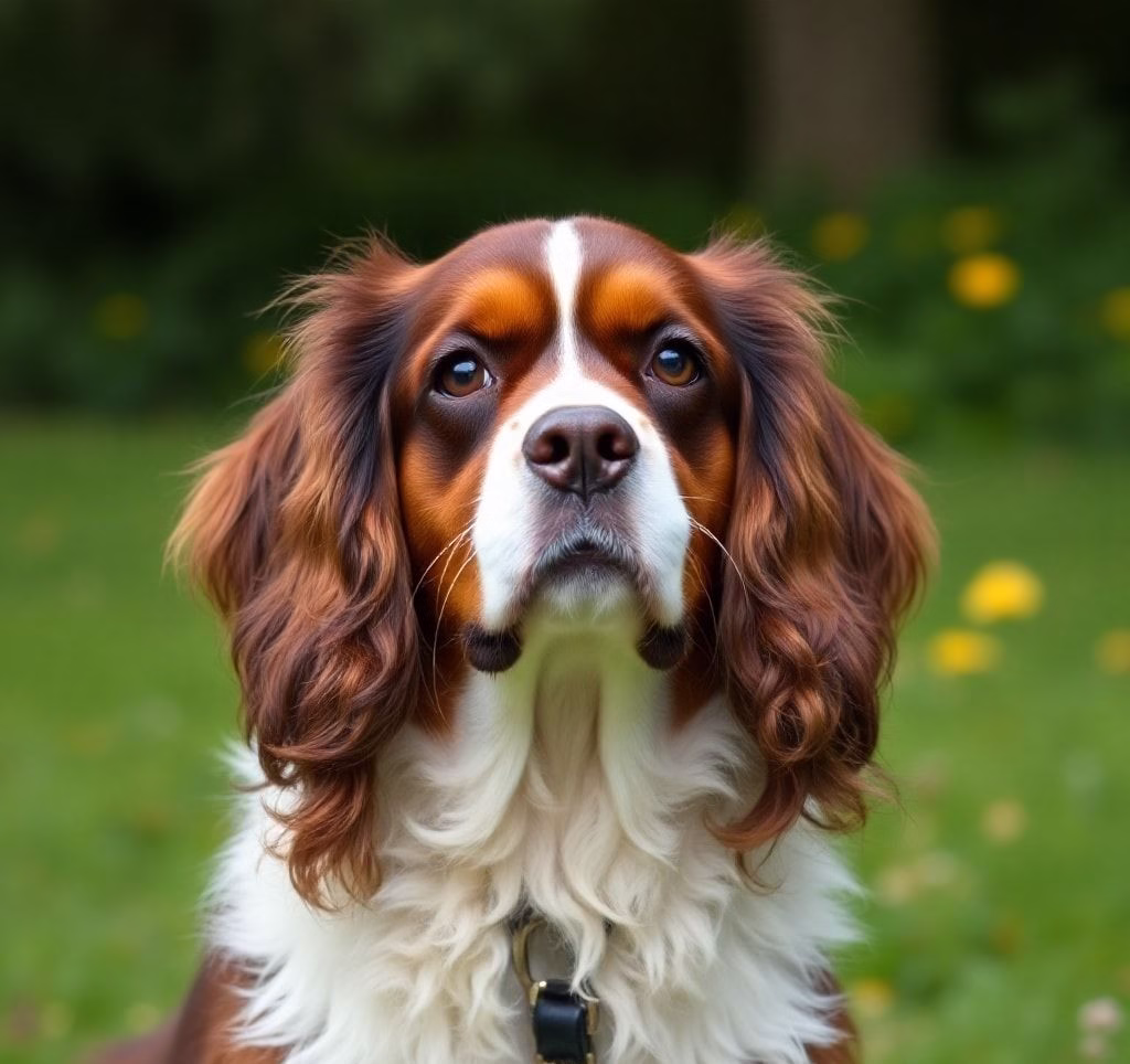 Eine Nahaufnahme des seidigen Fells eines Cavalier King Charles Spaniels.