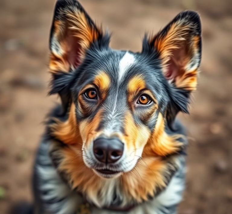 Eine Nahaufnahme eines echten Australian Cattle Dog (Blue Heeler), der aufmerksam schaut.