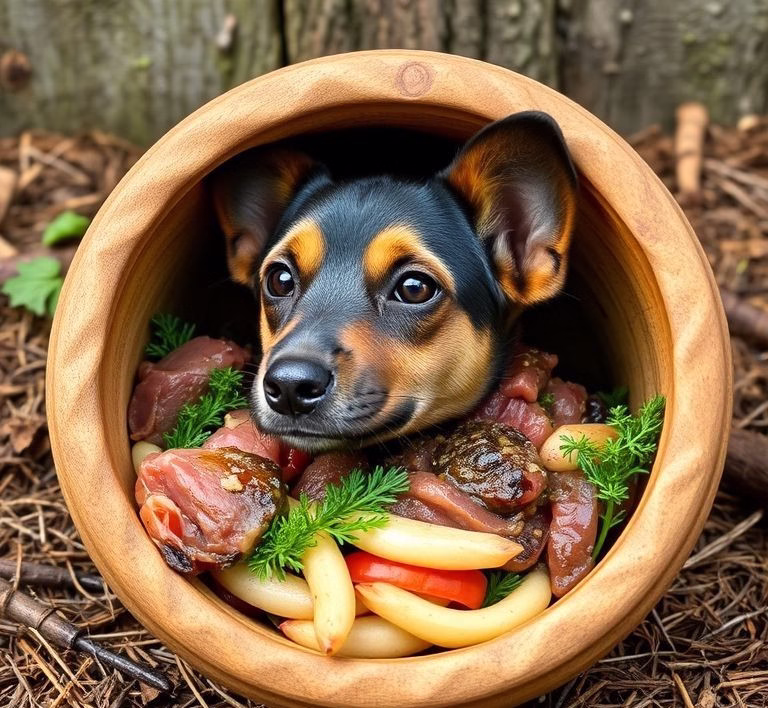 Eine Nahaufnahme eines gefüllten Hundenapfs mit selbst gekochtem Rindfleisch, Reis und püriertem Gemüse.