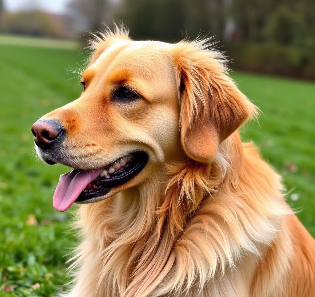 Eine Nahaufnahme eines Halters, der das lange Fell eines Golden Retrievers (exemplarisch für langhaarige Hunde) auf einer Wiese sorgfältig bürstet.