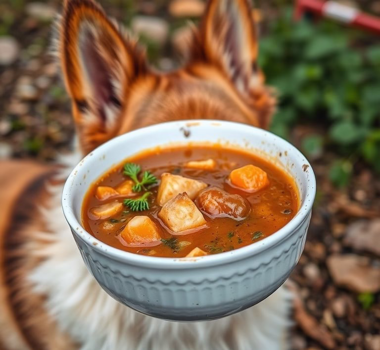 Eine Nahaufnahme eines Napfes mit frisch zubereiteter Moroscher Karottensuppe für Hunde.