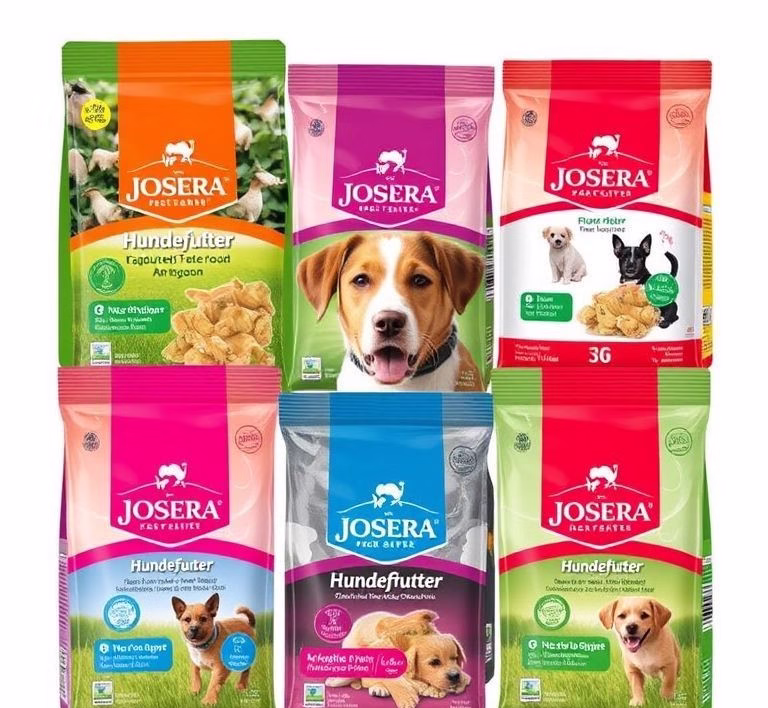 Eine Nahaufnahme verschiedener Josera Hundefutter getreidefrei Verpackungen.