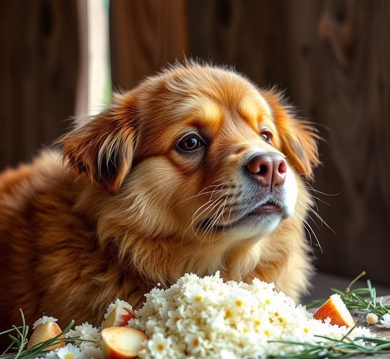 Eine Nahaufnahme von hochwertigem Trockenfutter in einer Futterschale, umgeben von einem unscharfen Hintergrund eines glücklichen Hundes.