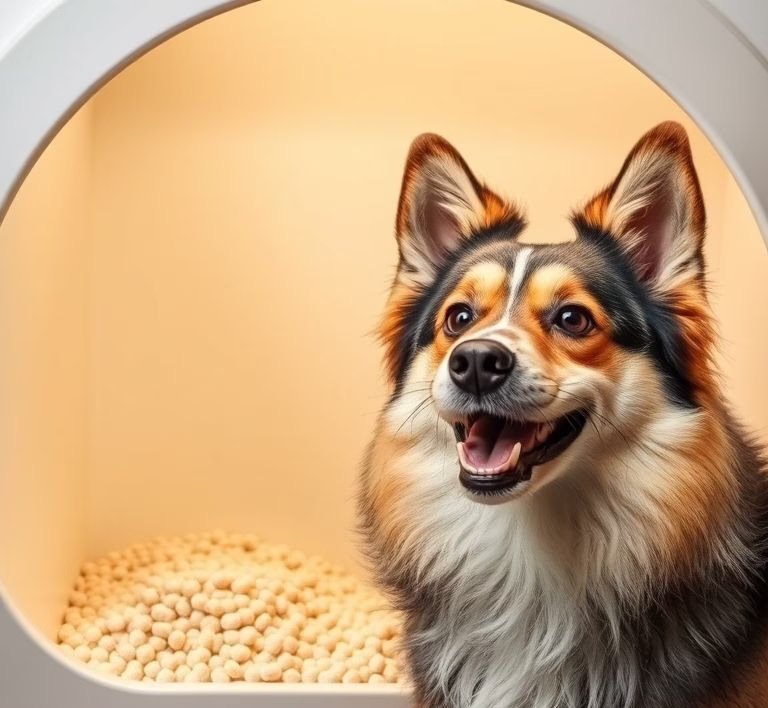 Eine Nahaufnahme von Platinum Trockenfutterpellets in einer Schale, daneben ein lächelnder Hund.