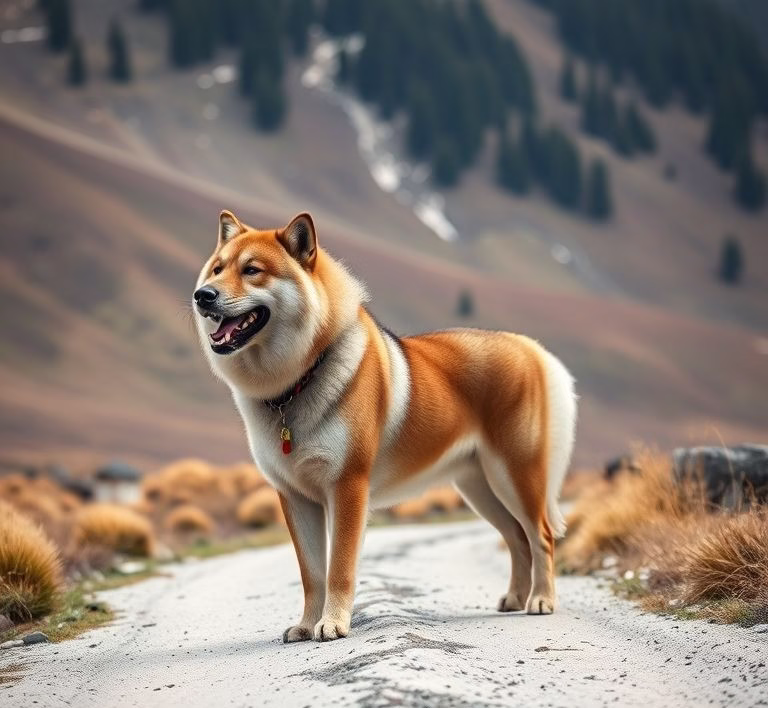 Eine Tibetdogge auf einer weitläufigen Wiese, die aufmerksam die Umgebung beobachtet