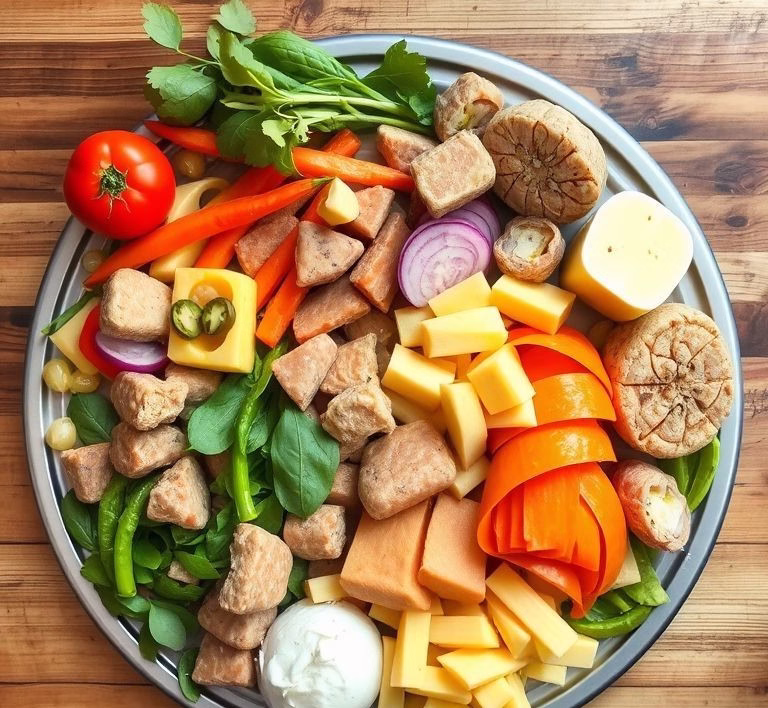 Eine Übersicht verschiedener gesunder Zutaten für Hundefutter, wie Gemüse, Fleischstücke und Öle, ansprechend auf einer Küchenarbeitsplatte arrangiert.