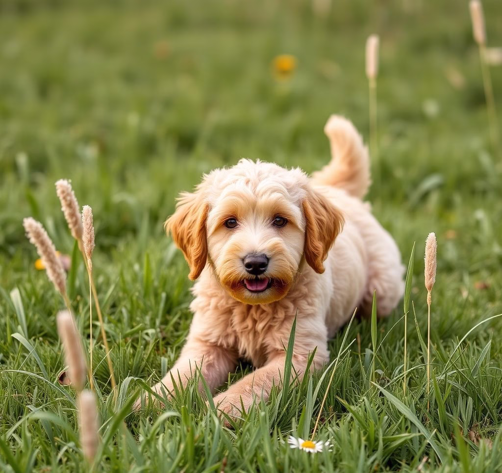 Goldendoodle im Gras spielend